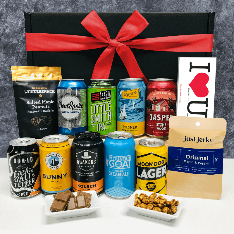Valentines Day Beer Gift Hamper with Snacks Jerky Nuts and Chocolate